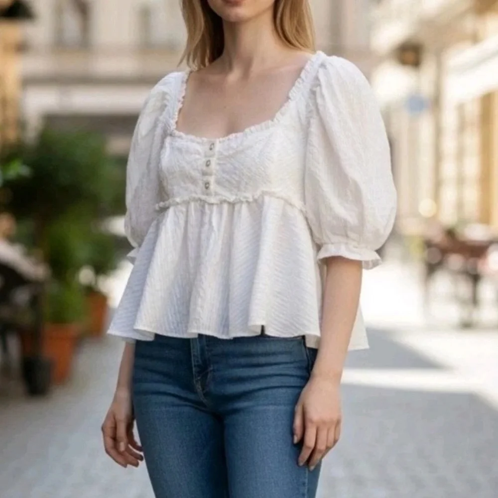 Free People White Smocked Square-Neck Puff Sleeve Peplum Top